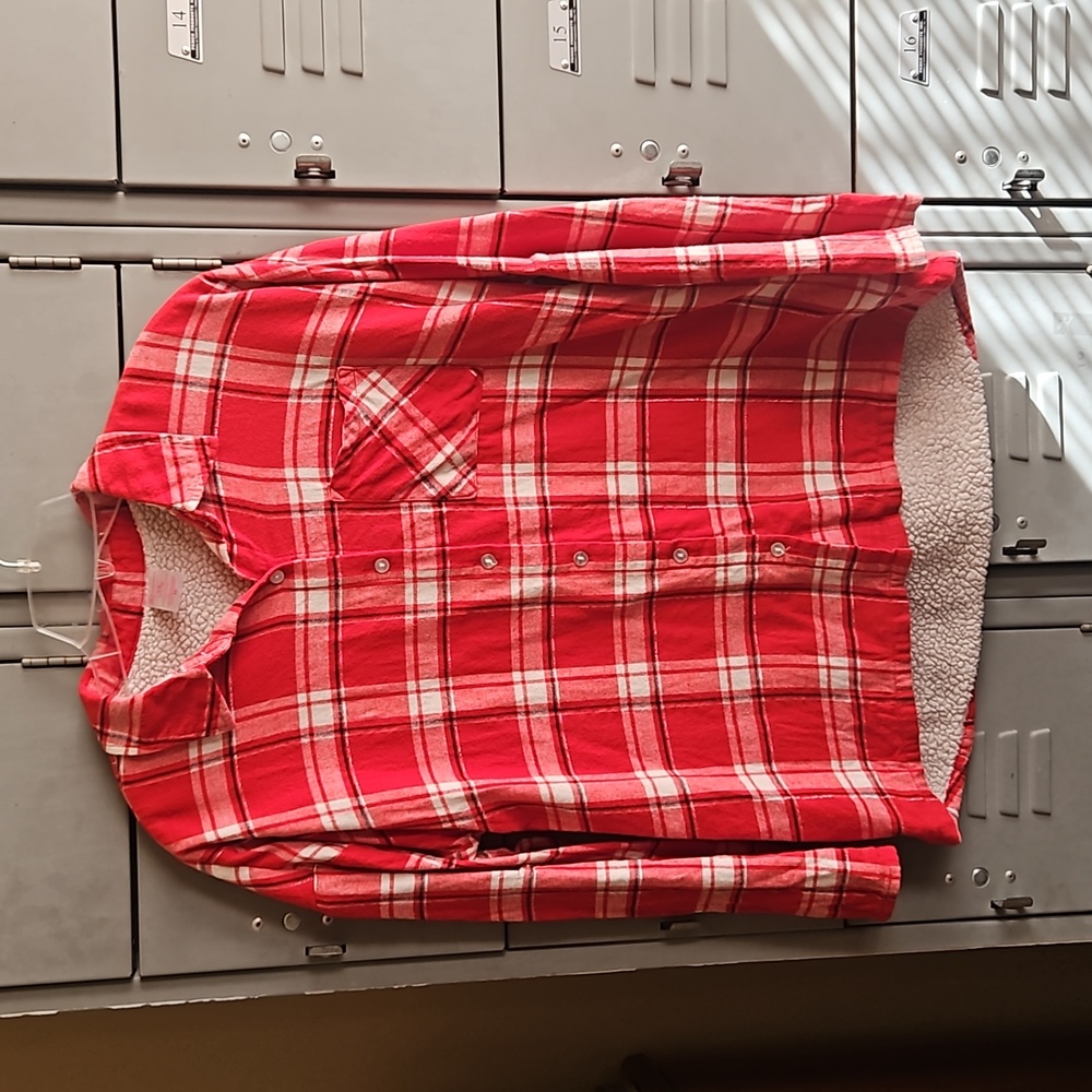 Juniors red plaid flannel shacket sherpa flannel shirt jacket